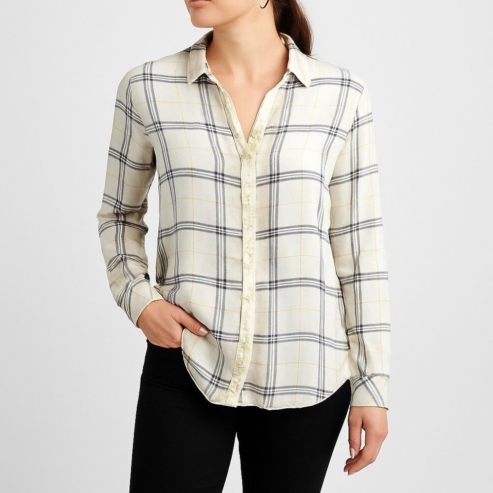 Aerie Womens XS White Plaid Button-Up Long‎ Sleeve Shirt Cotton Viscose Blend